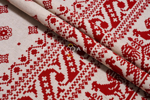 Ткань Полулён п/варёный 150 см. рис ВЫШИВКА ( Петушки на крыше) № 2448